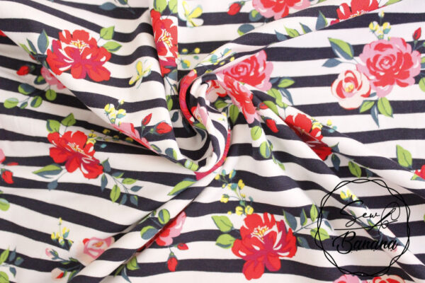 Flower Stripe, Navy Blazer - Cotton Stretch Jersey